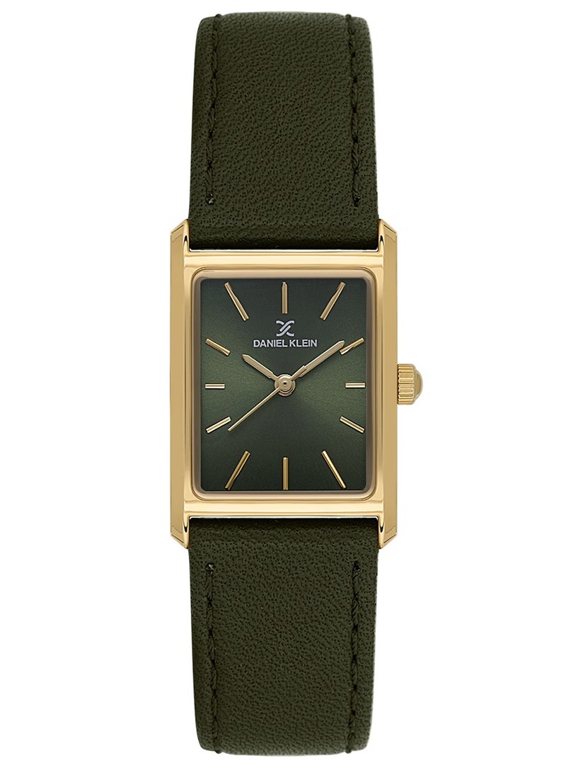 دانيل كلاين ساعة نسائية من الجلد | هيكل من سبيكة ذهبية | تناظري | قرص أخضر مربع بنمط شعاعي | كوارتز ياباني | فاخر | مقاومة للماء حتى عمق 30 مترًا - Image 1